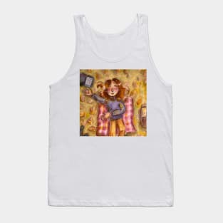 A cartoon girl laying in the grass in fall/autumn (fall picknick) traditional art Tank Top